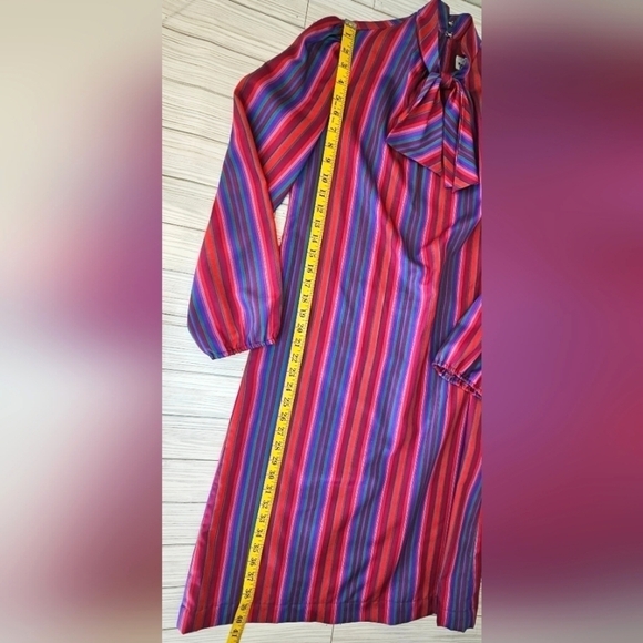 Vintage Melissa Pussybow Necktie Midi Dress in Red and Purple Satin Stripe Sz 6 - Picture 10 of 11